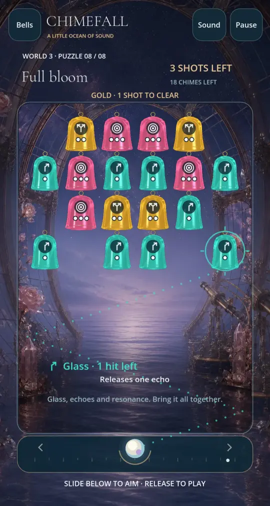 Chimefall gameplay with teal, amber and rose glass chimes above a dotted aiming line.