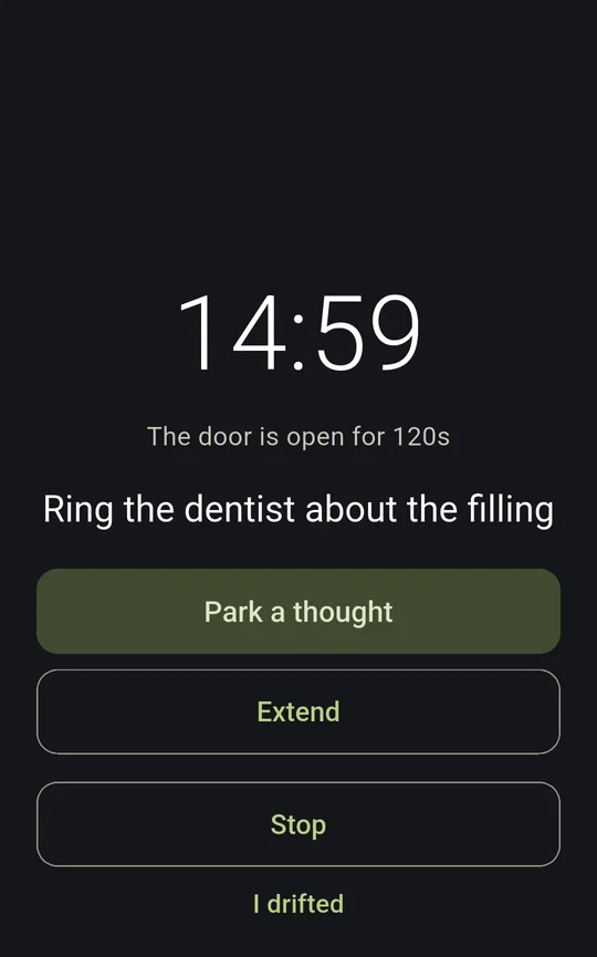 Den focus block with time remaining and controls to park a thought, extend the block or stop.